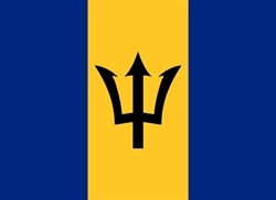 [ai] The flag of Barbados features three vertical stripes in blue, gold, and blue, with a black trident head centered on the gold stripe.