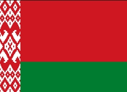 [ai] The flag of Belarus, featuring a red field with a green horizontal stripe at the bottom and a vertical white and red ornamental pattern on the left side.