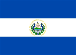 [ai] The flag of El Salvador features three horizontal stripes: blue at the top and bottom, and white in the center. The national coat of arms is displayed in the center, featuring a triangle with a volcano and two mountains, surrounded by laurel branches.