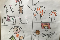 [ai] A child's drawing divided into four sections. The top left shows stick figures at a party with a cake. The top right features a tree with orange and red leaves. The bottom left depicts a bear sitting beside ice cream and food. The bottom right shows a basketball hoop with a ball and text stating 'Basketball is fun.'