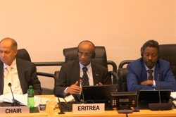 [ai] A panel discussion featuring three men seated at a table. The person in the center, labeled 'ERITREA', is speaking into a microphone while wearing headphones. Two additional panel members are seated on either side. A green beverage bottle is visible on the table.