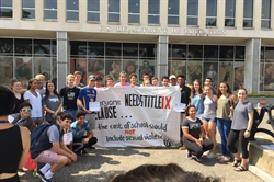 [ai] A group of students posing in front of the U.S. Department of Education building, holding a large banner that reads, "Everyone needs Title IX, cause... the cost of school should NOT include sexual violence."