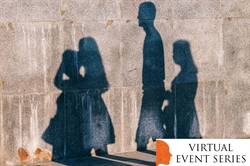 [ai] Shadows of three figures cast on a textured wall, with a visible title overlay stating "VIRTUAL EVENT SERIES" at the bottom right corner.