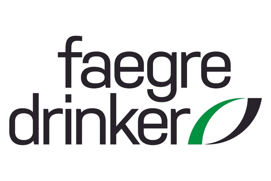 [ai] Logo of Faegre Drinker, featuring the company name in bold black letters with a stylized green and black graphic element resembling a leaf.
