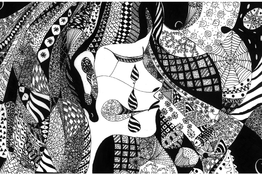 [ai] An abstract black and white drawing featuring a variety of intricate patterns, including geometric shapes, spirals, and floral designs, flowing together in a cohesive composition.