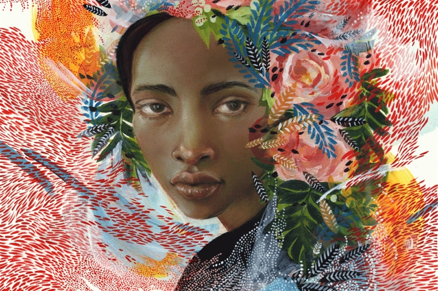 [ai] A close-up portrait of a woman with a serene expression, surrounded by vibrant floral patterns and abstract elements in shades of red, green, and blue, blending with her features.