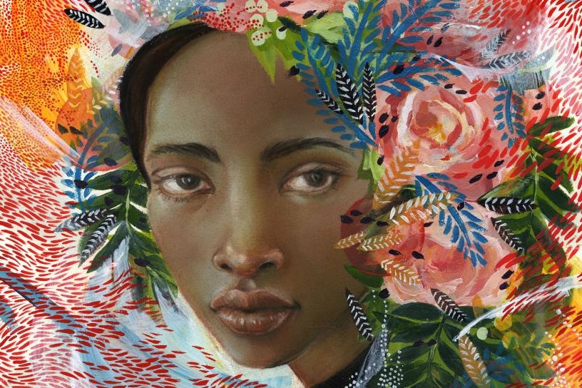 [ai] A portrait of a woman surrounded by colorful floral and leafy patterns. The woman's expression is serene, and her features are detailed, with warm skin tones. Bright colors dominate the background, emphasizing the vibrant artistic style.