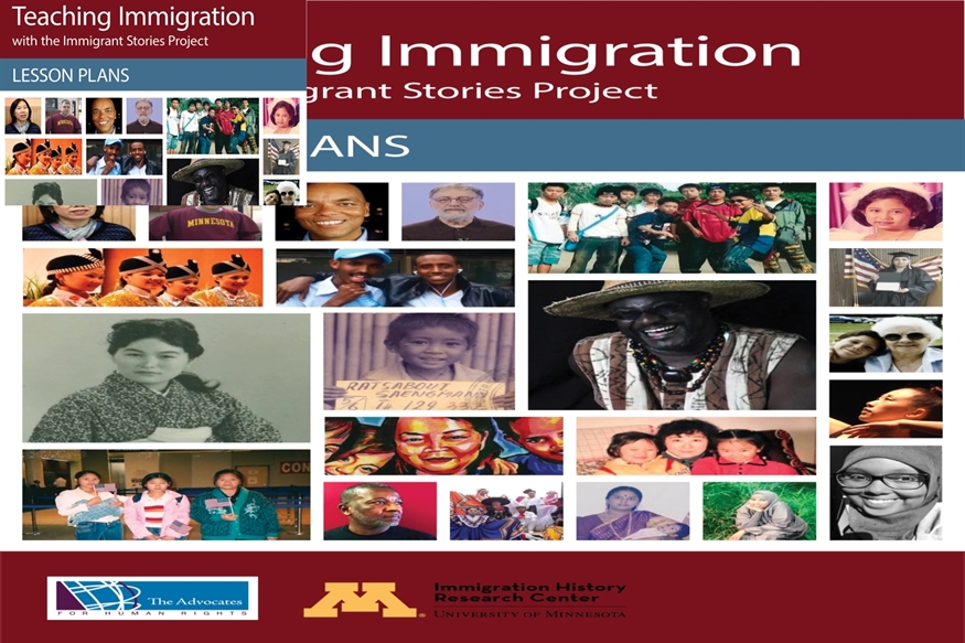 [ai] A collage of diverse individuals featured in an educational resource titled 'Teaching Immigration with the Immigrant Stories Project.' The layout includes images of various people and educational logos.