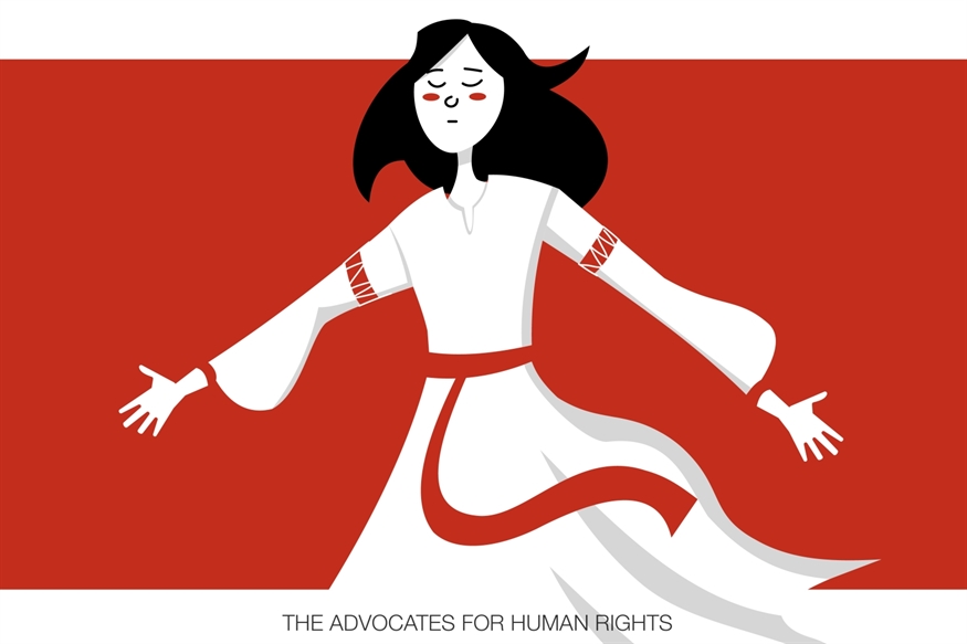 [ai] An animated character with black hair and a white dress, standing with arms outstretched against a red background. Red accents are featured on the dress. The text below reads, 'THE ADVOCATES FOR HUMAN RIGHTS'.