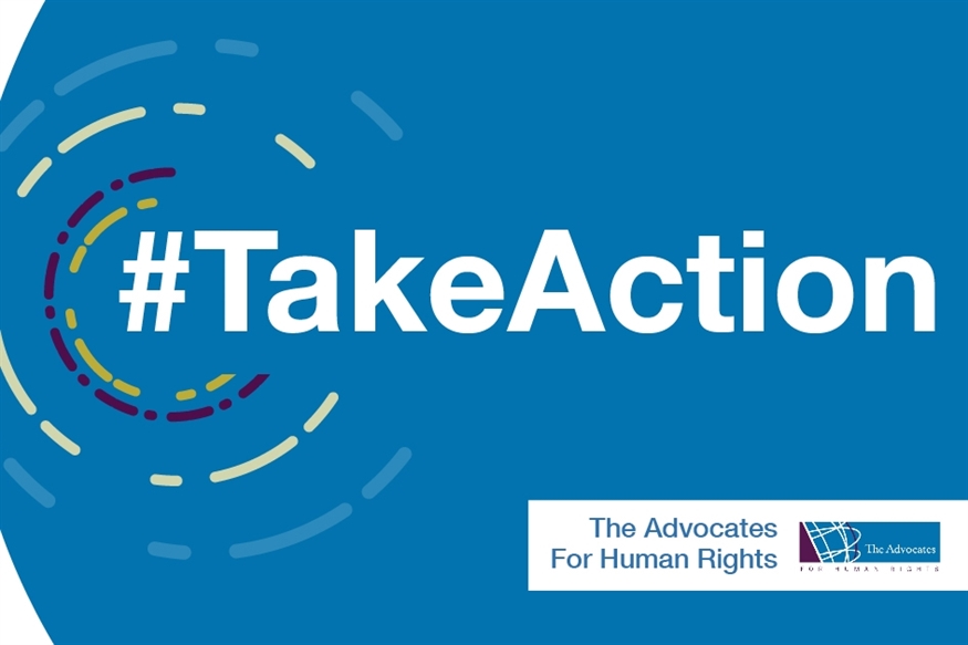 [ai] A blue background featuring the text '#TakeAction' in white, with multicolored circular designs around it. The logo of 'The Advocates For Human Rights' is displayed in the bottom right corner.