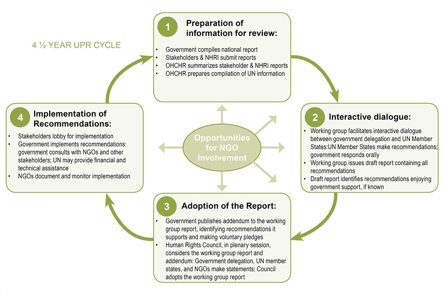 [ai] A flowchart outlining a 4.5-year UPR cycle. It includes four main stages: Preparation of information for review, Interactive dialogue, Adoption of the report, and Implementation of recommendations. Each stage describes processes involving government and stakeholders.